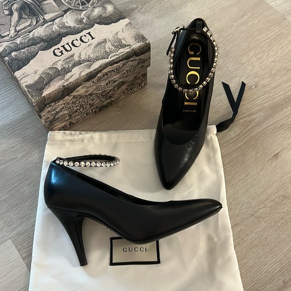 GUCCI Black Heels with Rhinestone Ankle Strap - Picture 1 of 7